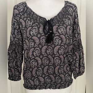 American Eagle Outfitters Top Boho Prairie Style Navy Paisley Print Tassel Tie S
